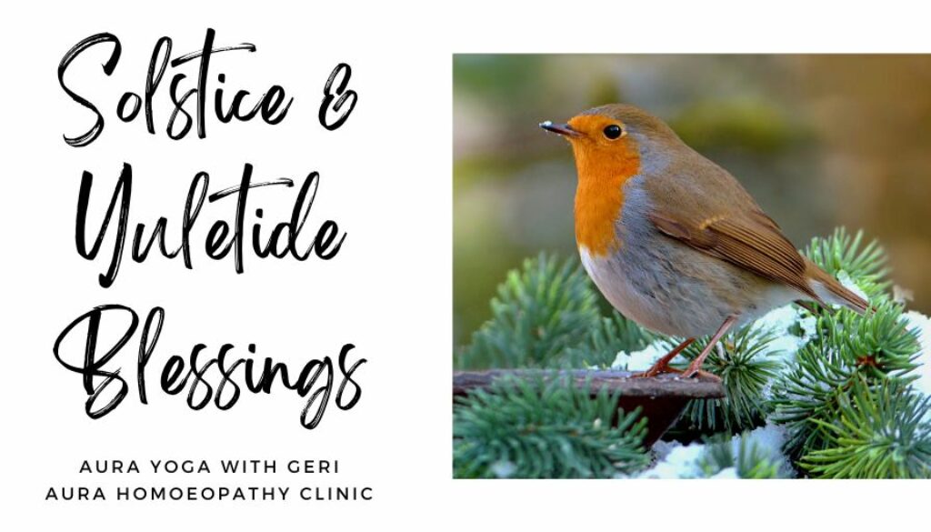 Image of Robin perched on a branch and Words: Solstice and Yuletide Blessings Aurayoga with Geri Aura Homoeopathy Clinic on a white background
