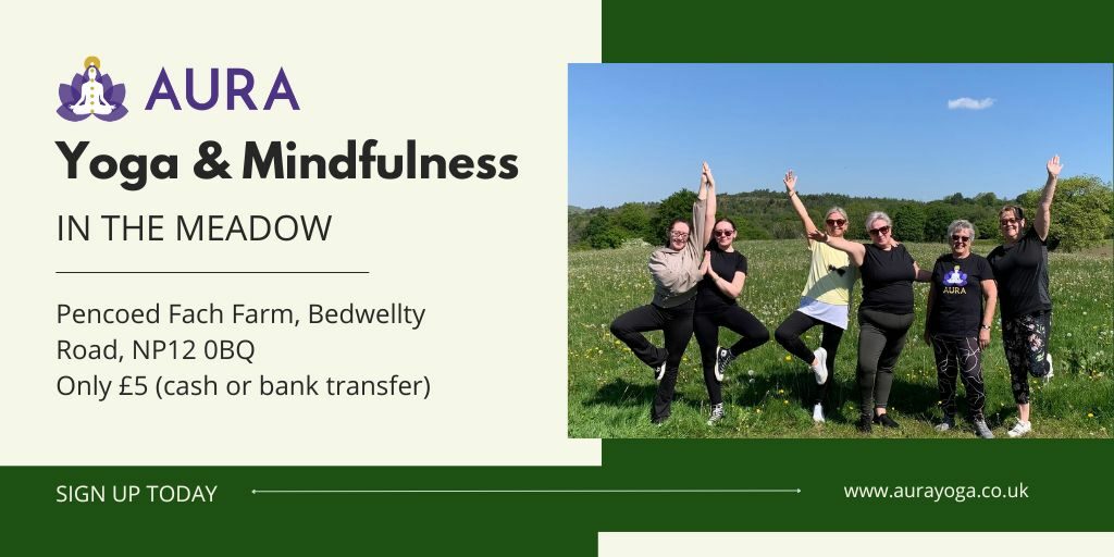 Aura logo in top left corner. Text on image: Yoga & Mindfulness in the Meadow at Pencoed Fach Farm, Bedwellty Road, NP12 0BQ £5 in cash or bank transfer. Photo of a group of ladies in paired yoga stances.