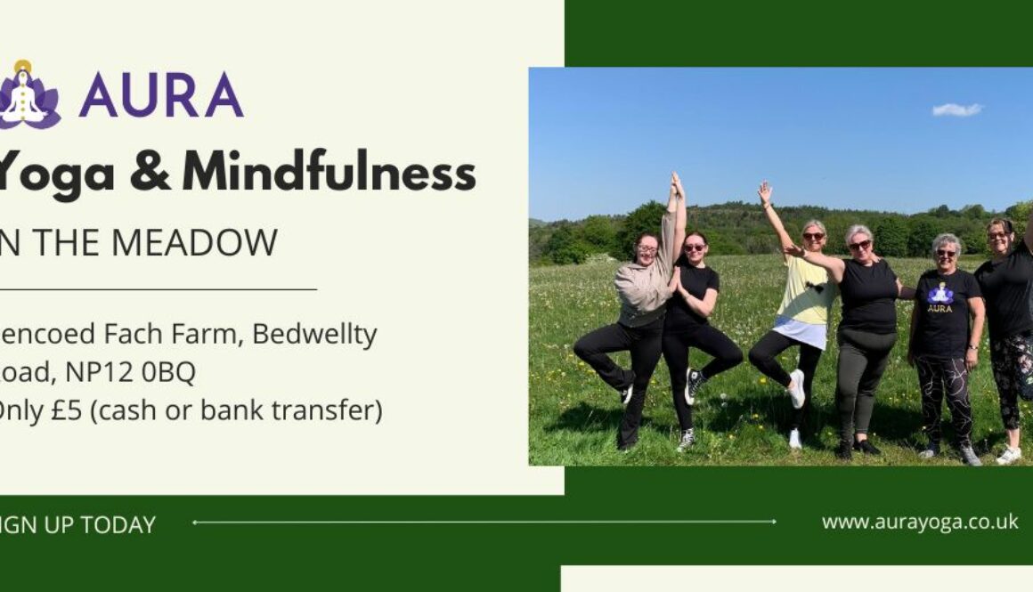 Aura logo in top left corner. Text on image: Yoga & Mindfulness in the Meadow at Pencoed Fach Farm, Bedwellty Road, NP12 0BQ £5 in cash or bank transfer. Photo of a group of ladies in paired yoga stances.