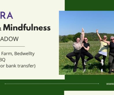 Aura logo in top left corner. Text on image: Yoga & Mindfulness in the Meadow at Pencoed Fach Farm, Bedwellty Road, NP12 0BQ £5 in cash or bank transfer. Photo of a group of ladies in paired yoga stances.