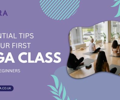 Text: 7 Essential Tips for your first Yoga Class