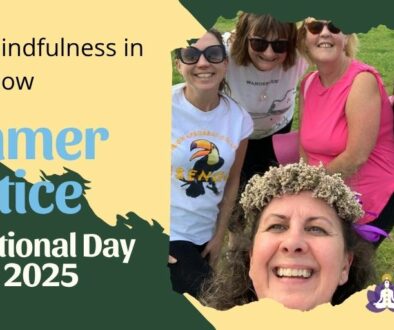 Aura logo in bottom right corner. Text on image: Yoga & Mindfulness in the Meadow Summer solstice International Day of Yoga 2025 Photo of a group of ladies smiling and happy
