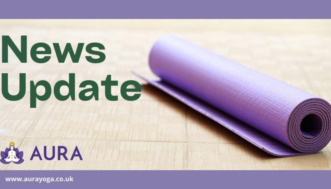 Text: News Update Image of a rolled up purple yoga mat on a cork floor